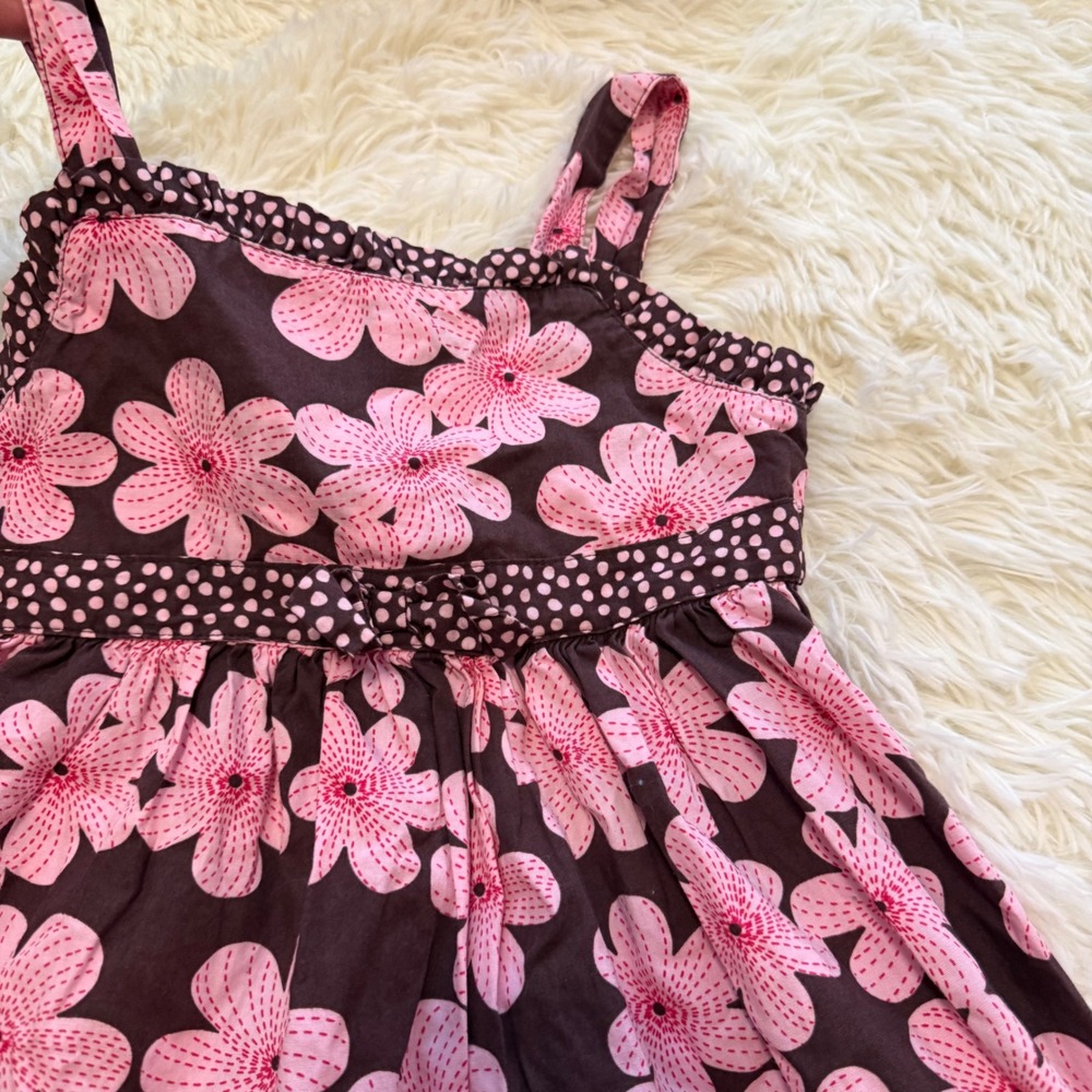Blueberry Blvd Girls Size 6 Pink Floral Brown Cotton Sundress Polka Dot Bow Trim - Picture 5 of 6